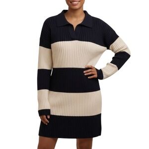 Striped Knit Sweater Dress Navy Blue Cream Long Sleeve Collared Casual